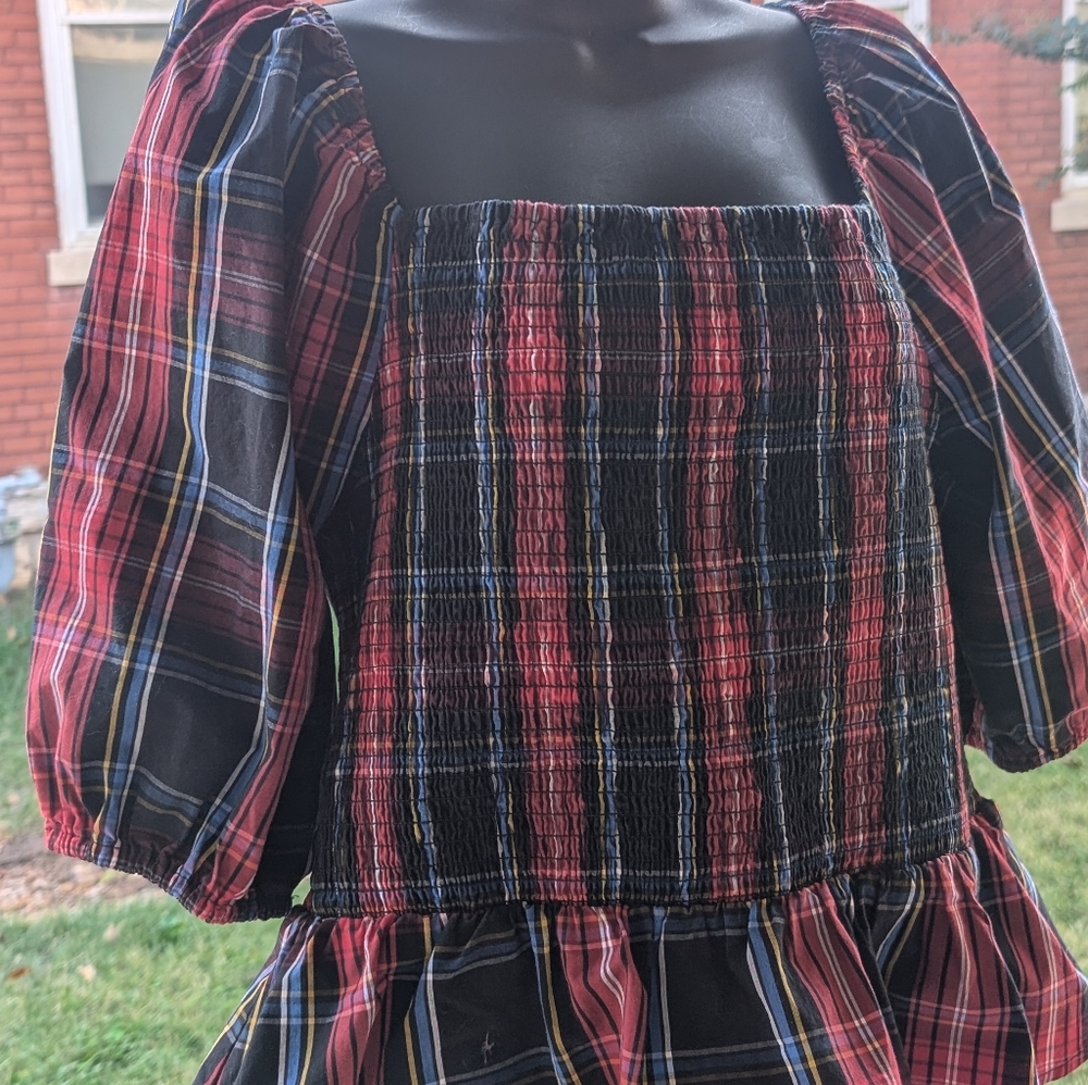 Tartan plaid smocked peplum top